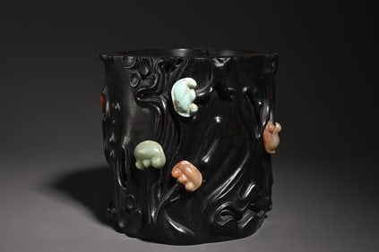 A Piece Of Rosewood Inlaid Shoushan Stone Ruyi Pen Holder Ornament