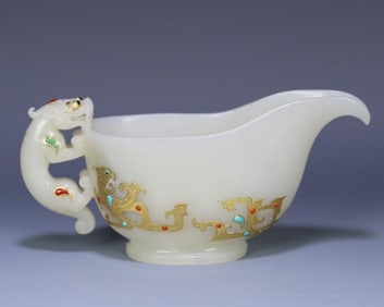 Hotan Jade Cuo Pure Gold Silver Dragon And Phoenix Pattern Dragon Handle Cup