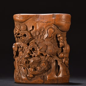 An old bamboo carved pine tree chi tiger patterned pen holder