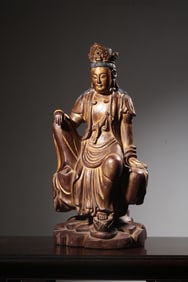 A Qing Nan wood lacquered gold free Guanyin seated statue