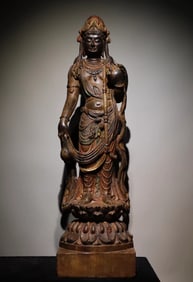 Tang Dynasty bluestone painted Guanyin standing statue