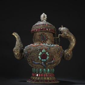 Silver Flower Silk Inlaid With Gemstones And Dragon Pattern Holding Pot