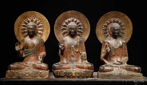 Northern Qi bluestone painted three Buddha set