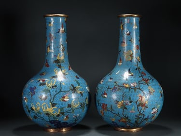 Qianlong Jingtai Blue Entangled Branch Lotus Pattern Lion Ear Vase Pair