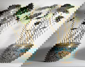 A Pair Of Cloisonne Lotus Bonsai