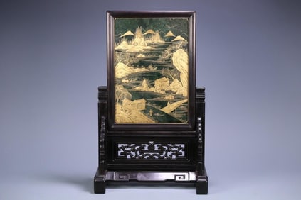 Purple sandalwood inlaid with Hetian jade, depicting golden figures, landscapes, and screen inserts