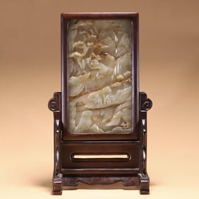 A Piece Of Rosewood Inlay Hetian White Jade Landscape Scenery Character Story Interstitial