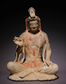 Tang Dynasty white marble painted Guanyin Buddha statue
