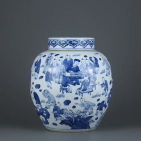 A piece of Qing Dynasty blue and white Baizi picture lid jar