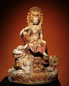 Tang Dynasty white marble painted statue of Manjushri Bodhisattva