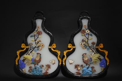A Pair Of Rosewood Inlaid Treasure Flower Study Screen Ornaments