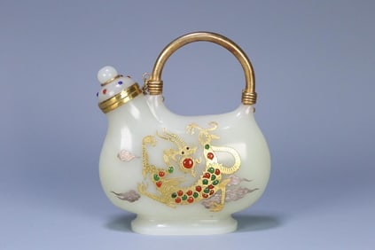 Hotan Jade Leather Bag Pot Inlaid With Pure Gold And Silver Dragon Pattern