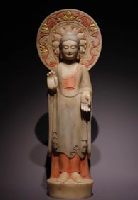 Northern Qi white marble gilt painted standing Buddha