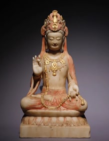 Northern Qi Dynasty white marble gilt painted Guanyin seated statue