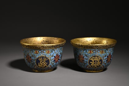 A Pair  Of Cloisonné Enamel Fu Lu Shou Bowl Study Ornaments