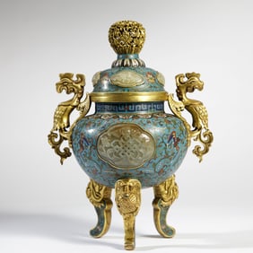 A Cloisonne Incense Burner With Two Ears Inlaid With Jade