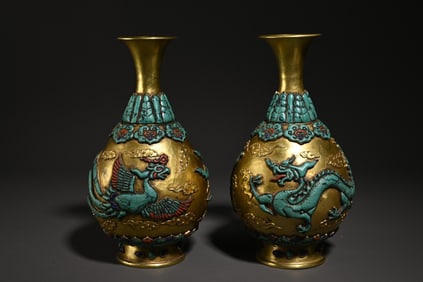 A Pair Of Bronze Gilt Inlaid Treasure Dragon And Phoenix Bottle Ornaments