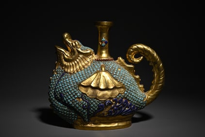 A Bronze Gilt Inlaid Baibao Dragon Tortoise Pot Scholar'S Ornament