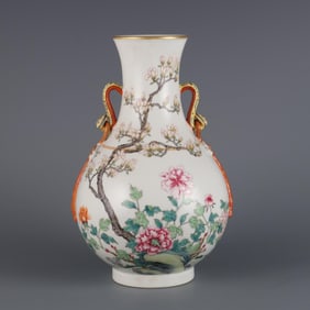 Enamel Jade Orchid Peony Pattern Ruyi Ear Bottle Made in the Year of Qianlong