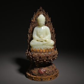 A Silver-Gilt Inlaid Treasure And Tianyu Guanyin Study Ornament