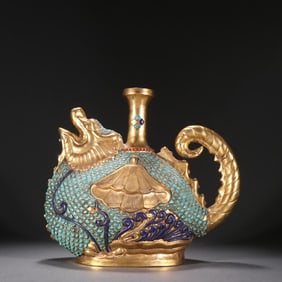 Copper Gilded Teapot With Turquoise Dragon Head Embedded