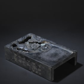 An old pit end stone carving lion playing ball copying inkstone