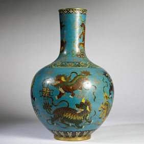 A Cloisonne Azure Vase With Lion Pattern