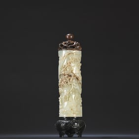 A Qing Hotan Jade seed carved pine, bamboo and plum incense cartridge