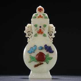 A Hotan Jade seed inlaid vase with a hundred treasures and longevity patterns