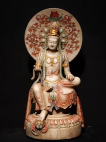 Tang Dynasty white marble painted Guanyin statue