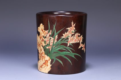 A small leaf rosewood painted orchid poetry pen holder