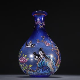 A blue porcelain enamel collection magpie climbing appreciation bottle