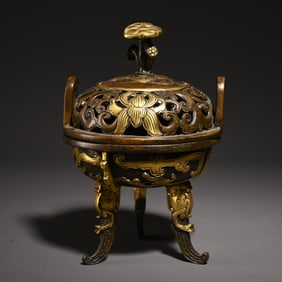 A Bronze Gilt Three-Legged Amphora Incense Burner Study Ornament