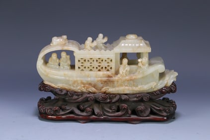 A Hotan Jade figure boat shaped ornament
