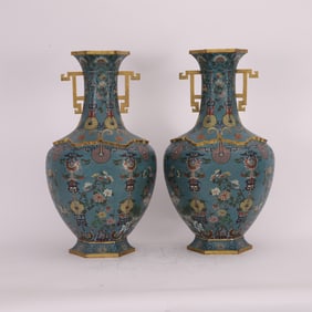 A Pair Of Jingtai Blue Hexagonal Vase With Double Animal Ears