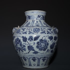 Yuan Blue And White Entwined Peony Animal Ear Jar