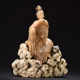 A Shoushan Lotus Stone Carving Thinking Guanyin ornament