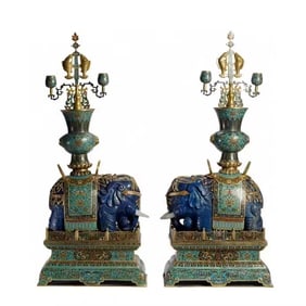A set of cloisonné and Lapis Lazuli Elephant Candlestick Ornaments