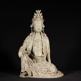 Tang Wu Secret Color Celadon Guanyin Sitting Statue