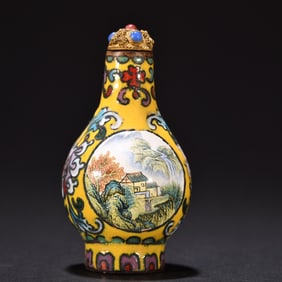 A bronze painted enamel landscape figure snuff bottle