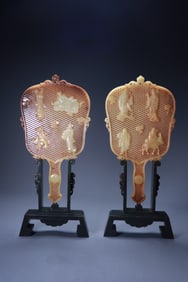 A pair of Hetian jade belt, jasper base, hollowed out eight immortal jade fans