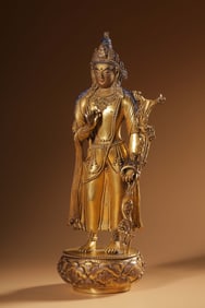 A fine bronze gilt lotus statue of Guanyin