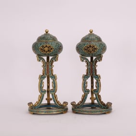A Pair Of Cloisonne Ruyi Three-Legged Incense Burner