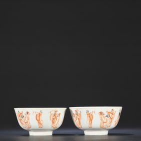 Xianfeng alum red ink color Eight Immortals picture bowl pair