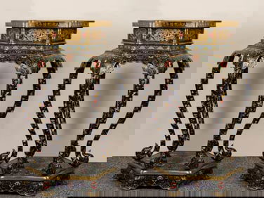 A pair of pinched wire enamel Six-sided Flower Tables