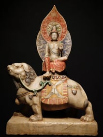 Tang Dynasty white marble painted statue of Manjushri Bodhisattva