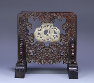 Small leaf red sandalwood inlaid with Hotan Jade dragon wall desk seat screen