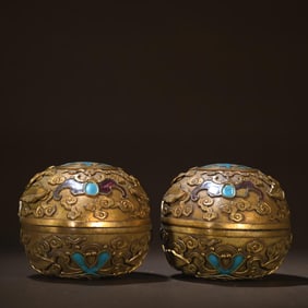 A Pair Of Copper Gilded Roasted Blue Longevity Peach Boxes