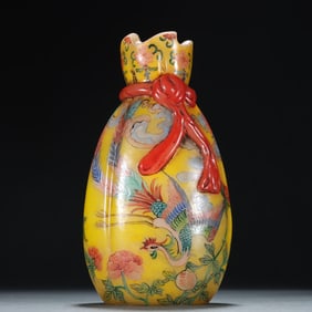 A enamel painted golden phoenix embroidered cloth bag bottle