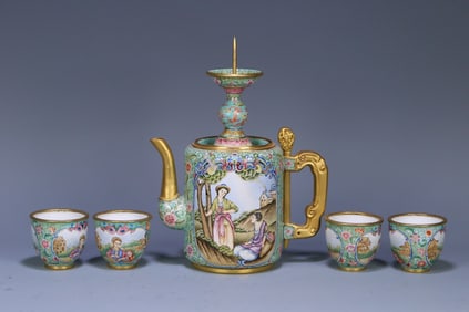 A set of copper gilded body painted enamel window Western character tea set